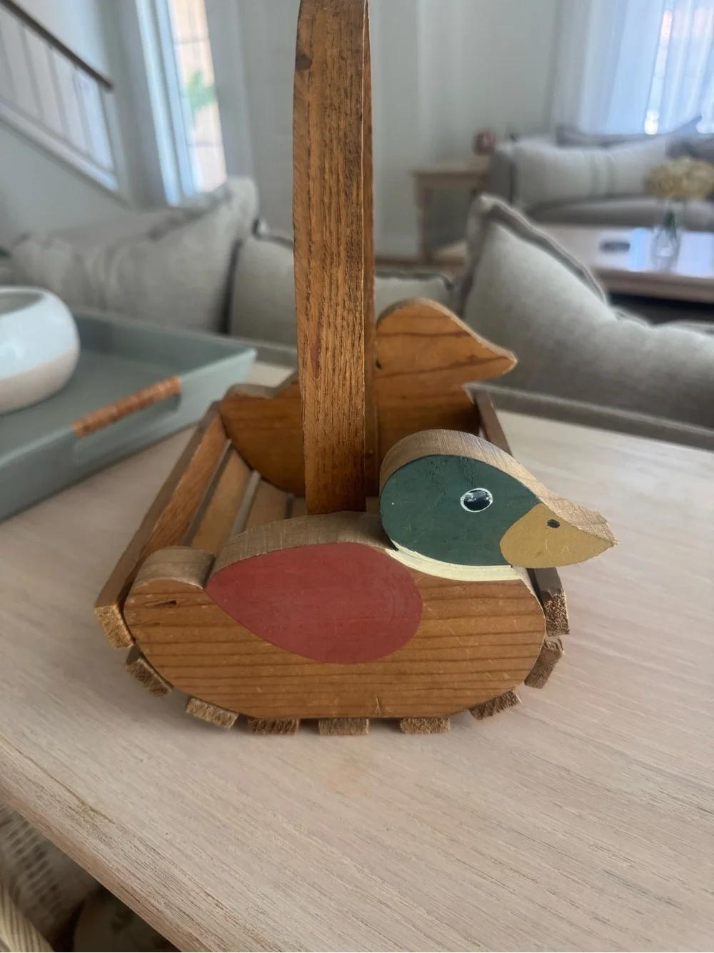 Vintage Handcrafted Wooden Duck Basket - Brown with Red & Green Accents